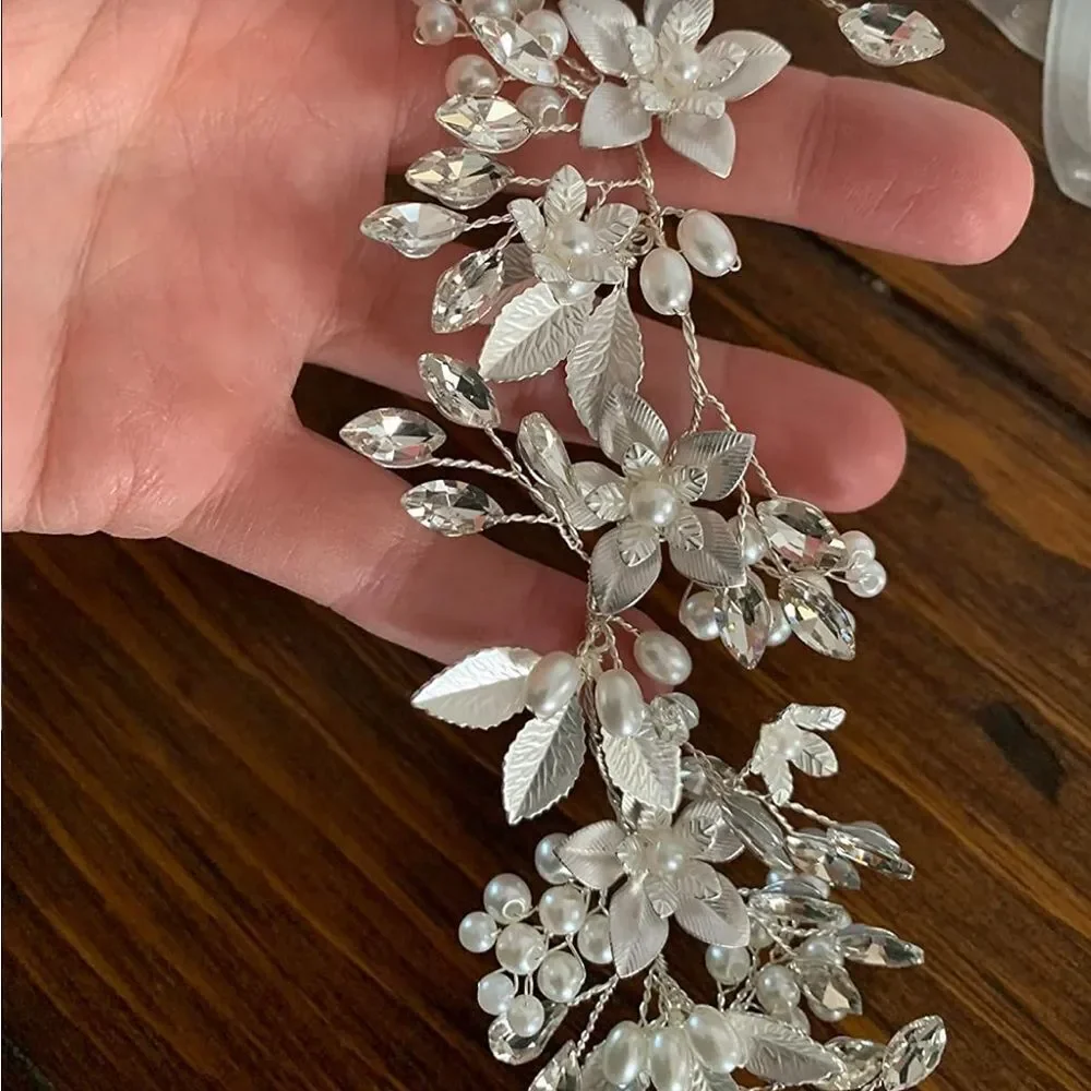 Bridal Belt or Hair Vine Headband Silver Pearl